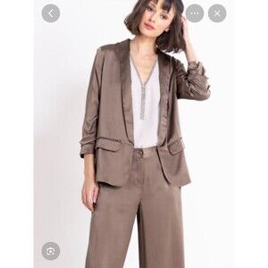 Go By GoSilk Blazer Jacket Womens M Brown Formal Scrunch Sleeve Shawl Collar